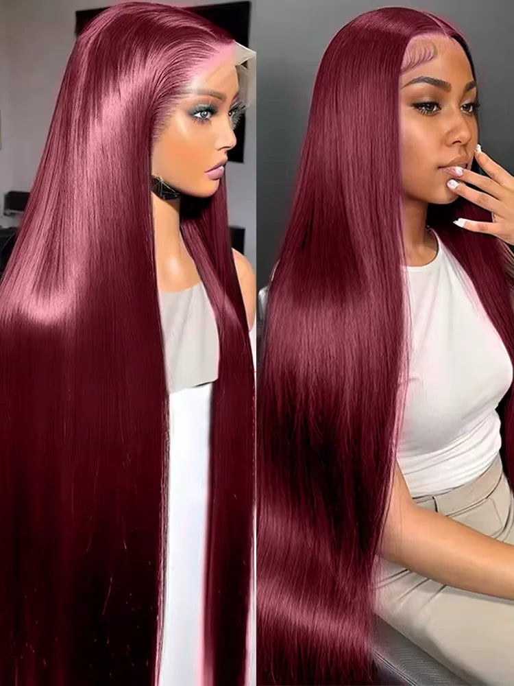 Straight Burgundy 13x4 HD Transparent Full Lace Frontal Wig 99J Colored Lace Front Human Hair Wigs Red Glueless Wigs For Women