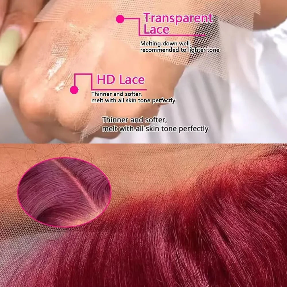 Straight Burgundy 13x4 HD Transparent Full Lace Frontal Wig 99J Colored Lace Front Human Hair Wigs Red Glueless Wigs For Women