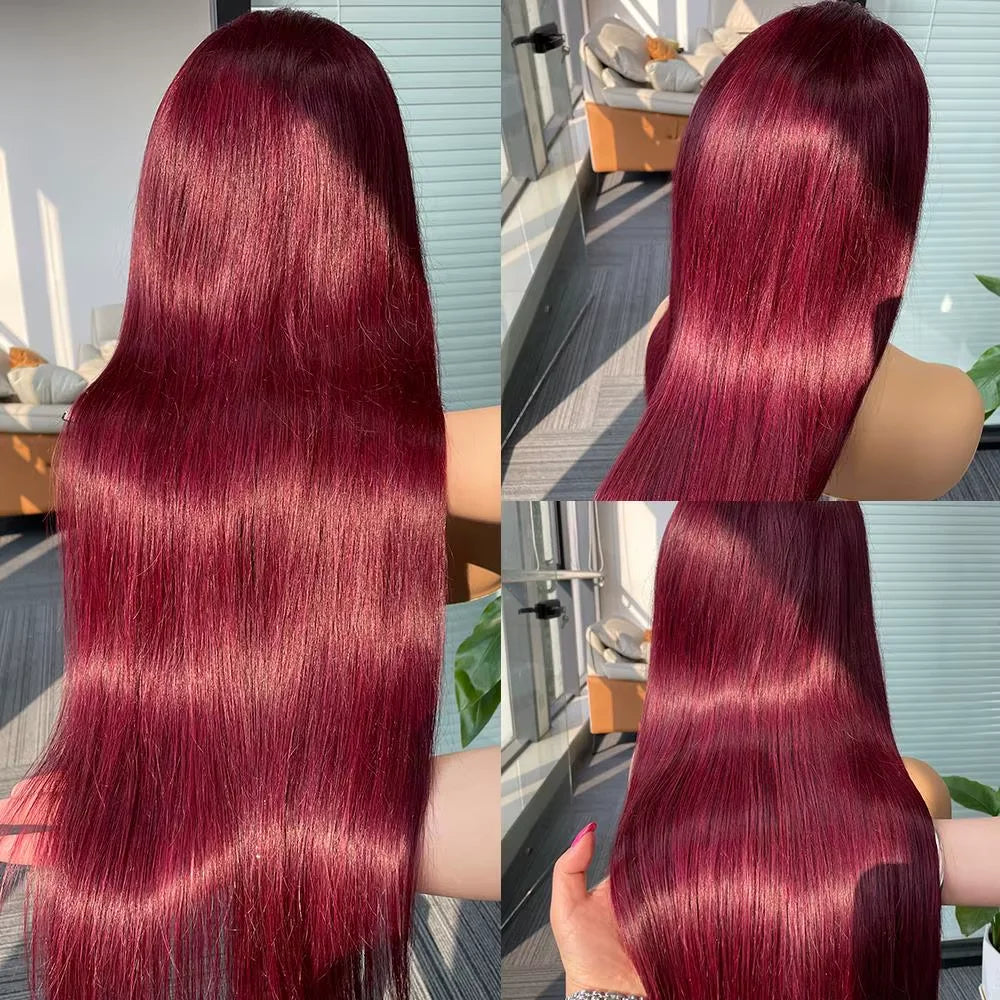Straight Burgundy 13x4 HD Transparent Full Lace Frontal Wig 99J Colored Lace Front Human Hair Wigs Red Glueless Wigs For Women