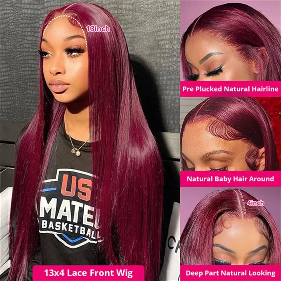 Straight Burgundy 13x4 HD Transparent Full Lace Frontal Wig 99J Colored Lace Front Human Hair Wigs Red Glueless Wigs For Women
