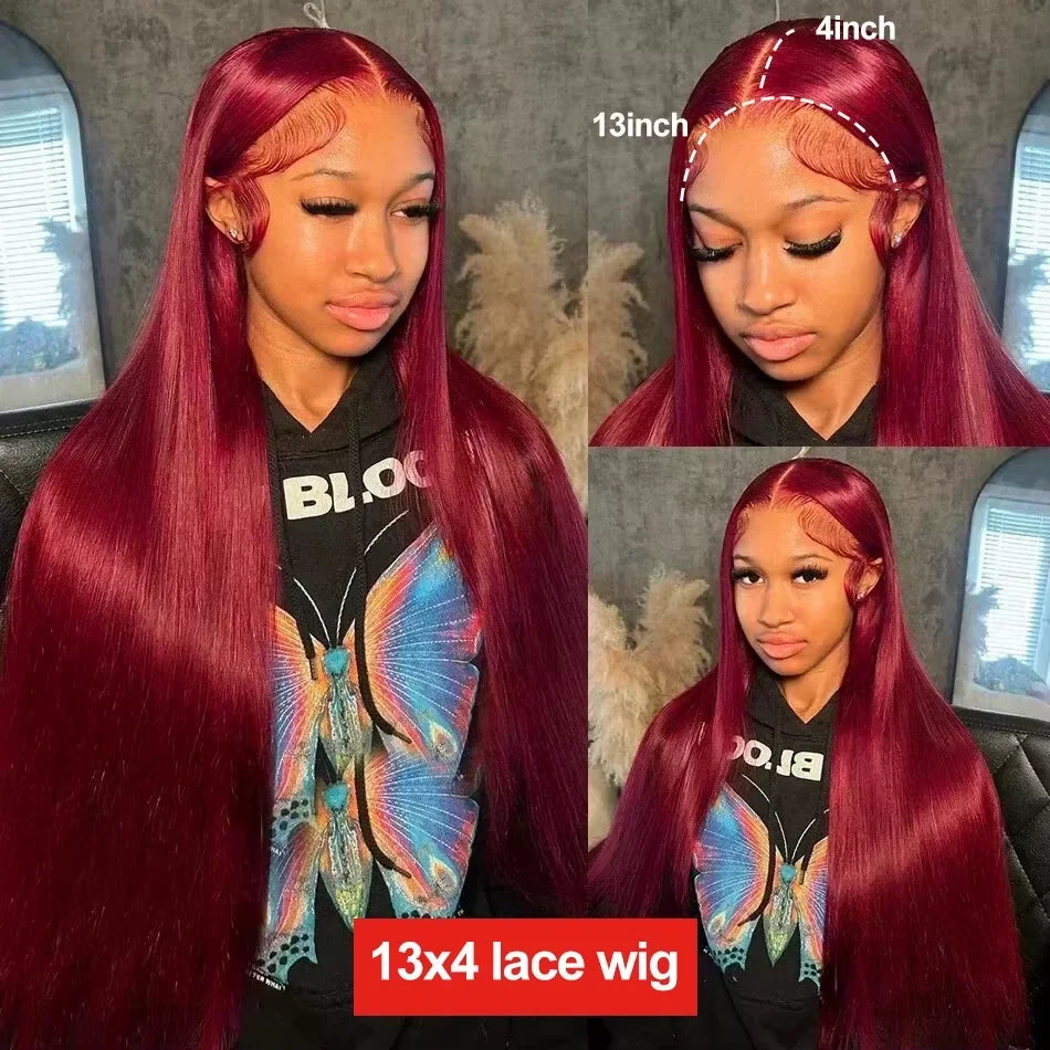 Straight Burgundy 13x4 HD Transparent Full Lace Frontal Wig 99J Colored Lace Front Human Hair Wigs Red Glueless Wigs For Women