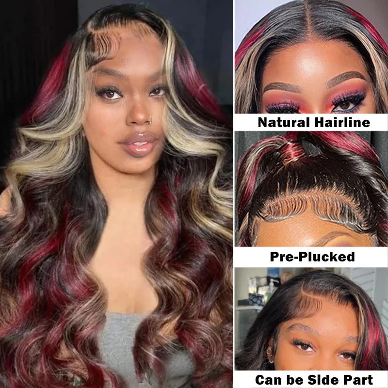 Skunk Stripe Wigs Black Red Blonde Highlights 13x4 HD Synthetic Lace Front Wigs Highlight Body Wave Lace Wig Pre Plucked