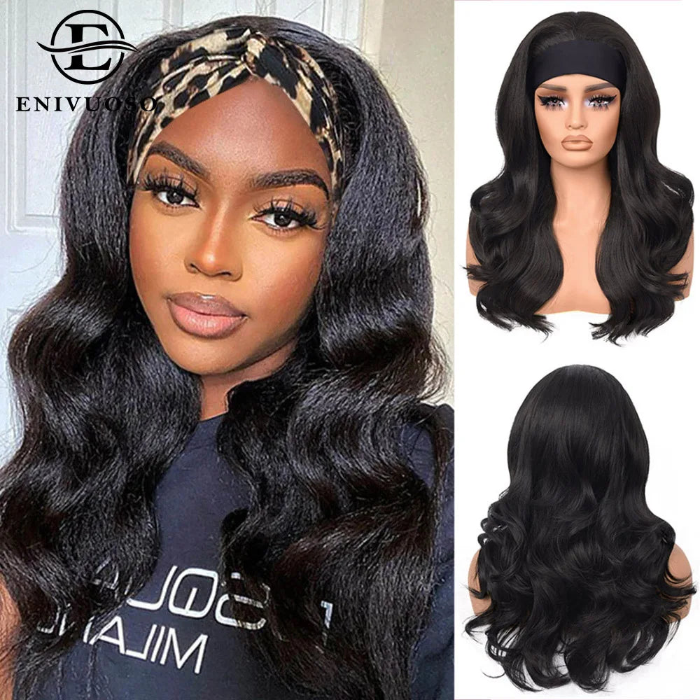 Natural Black Yaki Body Wave Headband Wigs for Black Women 20 Inch Wear & Go Glueless Body Wave Synthetic Hair Wig with Headband