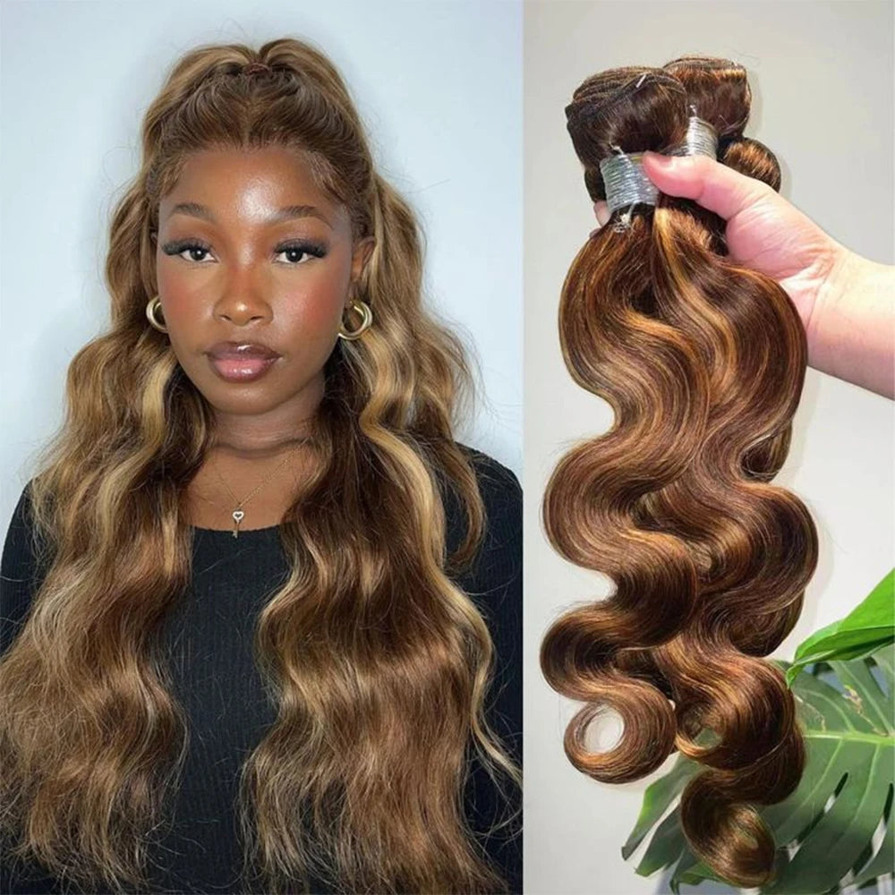 Body Wave Highlight Raw Bundles Human Hair 100% 4/27 Colored Brazilian Hair Extensions Quick Weaves Water Wave Bundles 3 Bundles