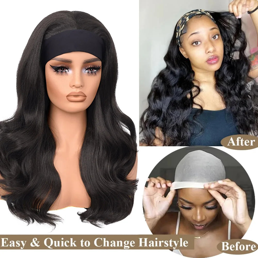 Natural Black Yaki Body Wave Headband Wigs for Black Women 20 Inch Wear & Go Glueless Body Wave Synthetic Hair Wig with Headband