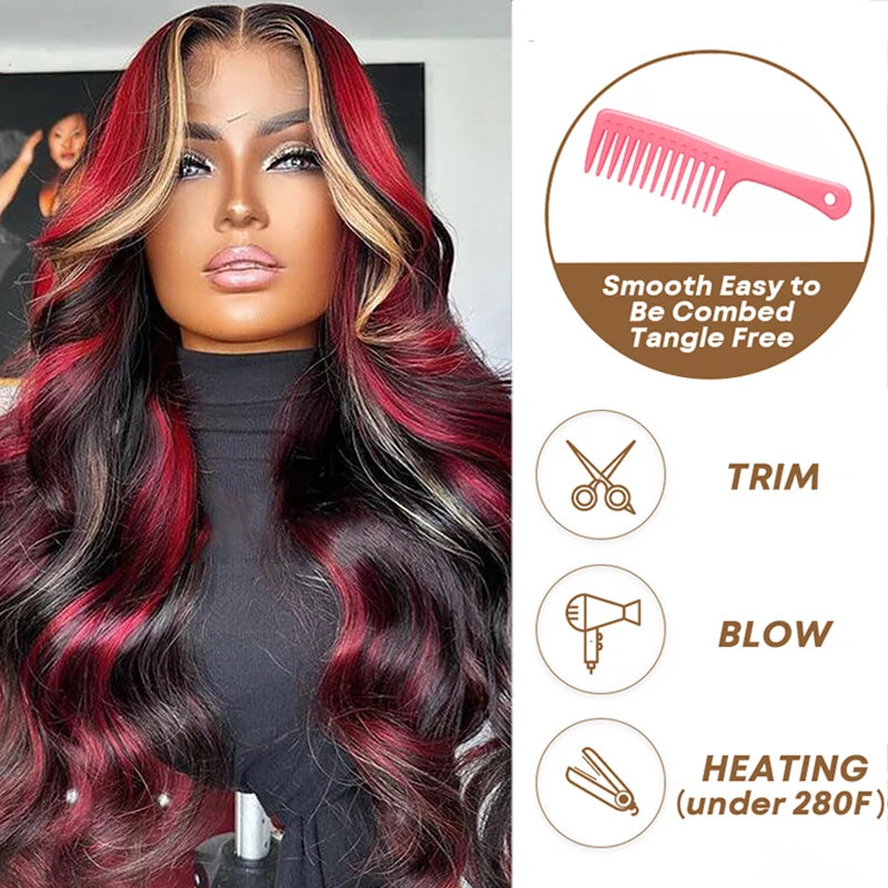 Skunk Stripe Wigs Black Red Blonde Highlights 13x4 HD Synthetic Lace Front Wigs Highlight Body Wave Lace Wig Pre Plucked