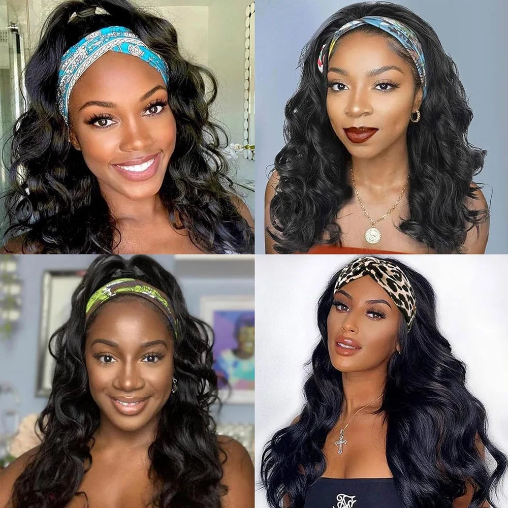 Natural Black Yaki Body Wave Headband Wigs for Black Women 20 Inch Wear & Go Glueless Body Wave Synthetic Hair Wig with Headband