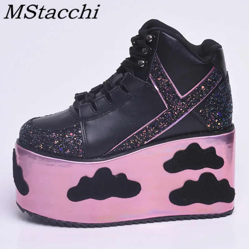 Colorful clouds Platform Shoes For Woman Punk Style Lace-up High Heel Wedges Shoes Sweet Women Ankle Boots For Mujer Shoes 2025