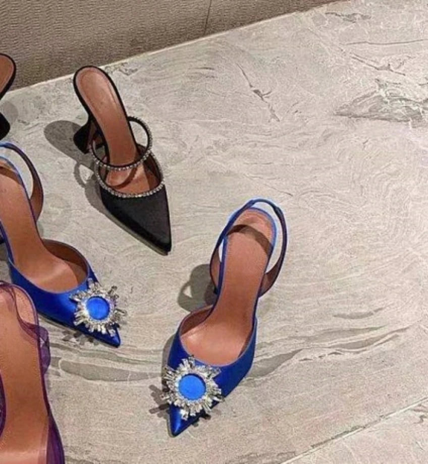 New Fashionable Half Slippers Women's Sandals Fashionable Sparkling Rhinestones Satin Wine Glass Heel Shoes Closed-Toe Slippers