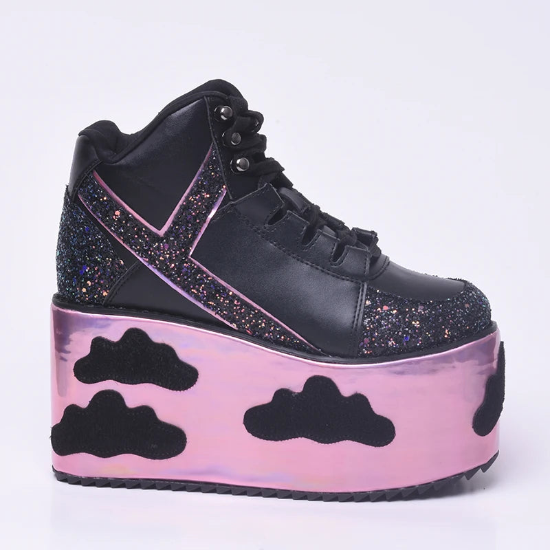 Colorful clouds Platform Shoes For Woman Punk Style Lace-up High Heel Wedges Shoes Sweet Women Ankle Boots For Mujer Shoes 2025