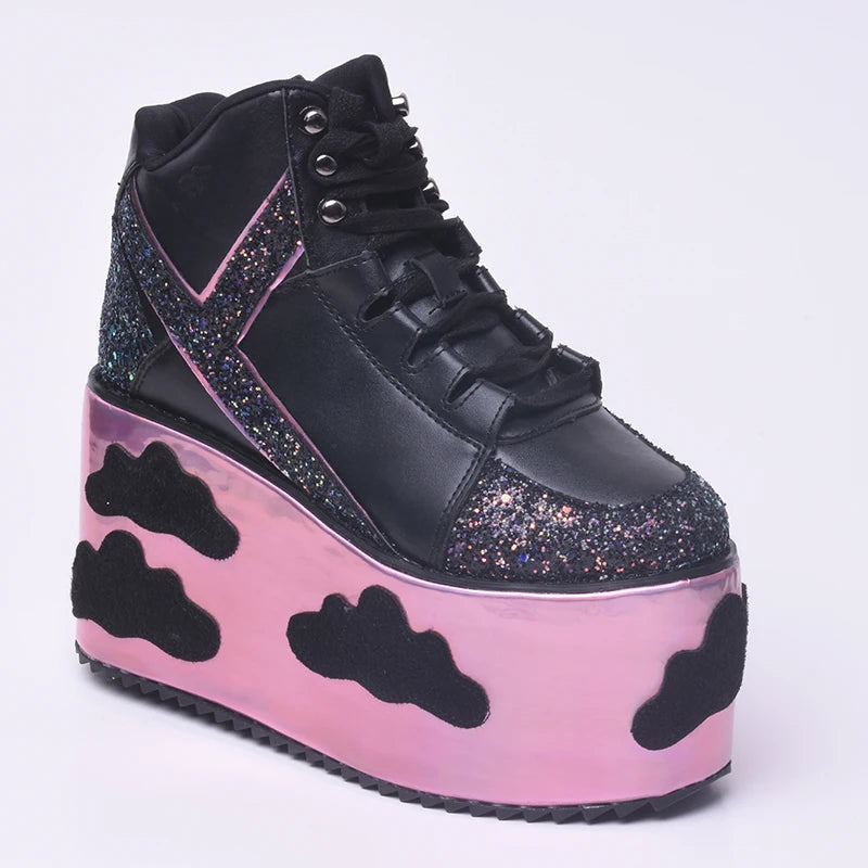 Colorful clouds Platform Shoes For Woman Punk Style Lace-up High Heel Wedges Shoes Sweet Women Ankle Boots For Mujer Shoes 2025