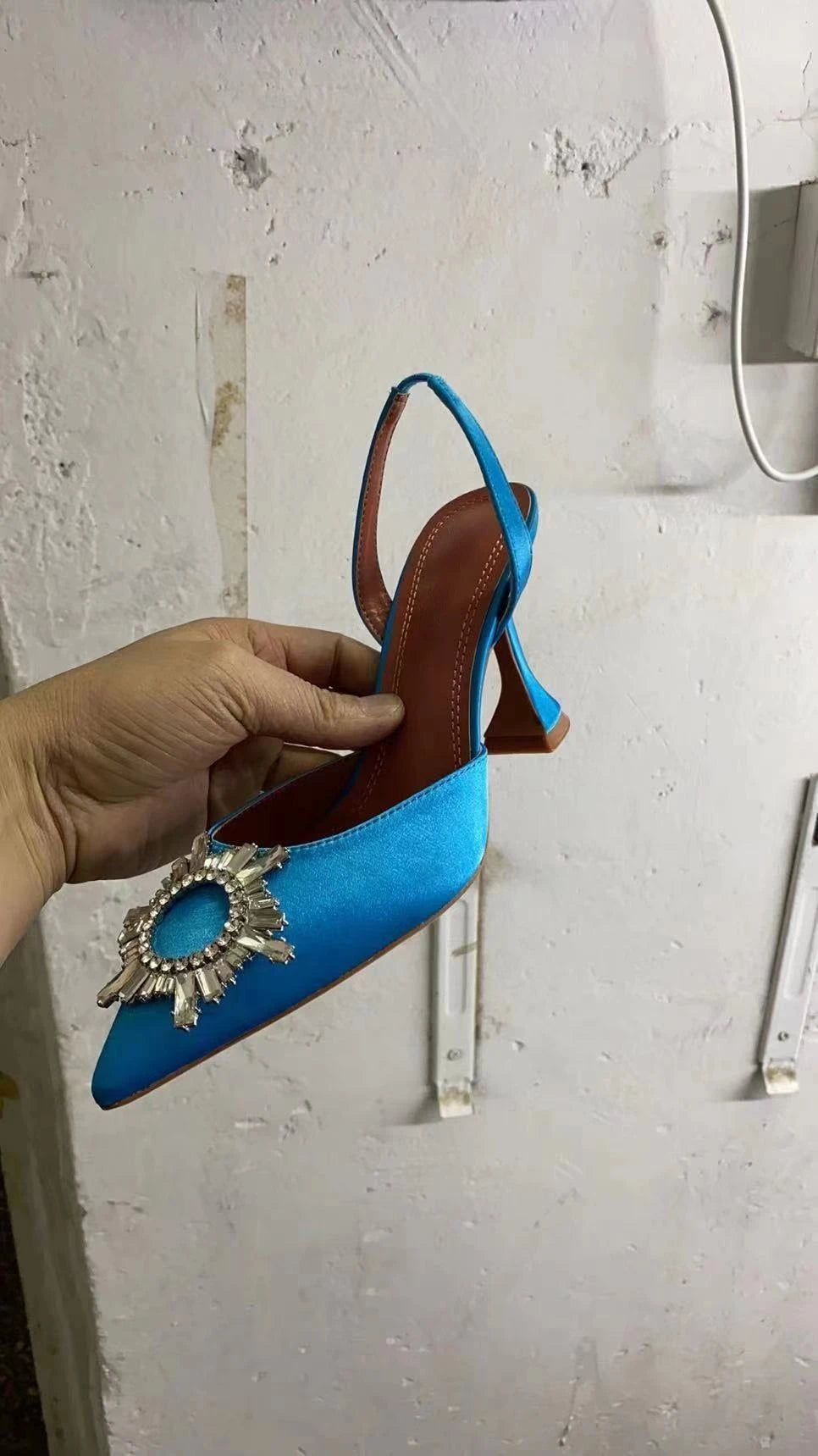 New Fashionable Half Slippers Women's Sandals Fashionable Sparkling Rhinestones Satin Wine Glass Heel Shoes Closed-Toe Slippers
