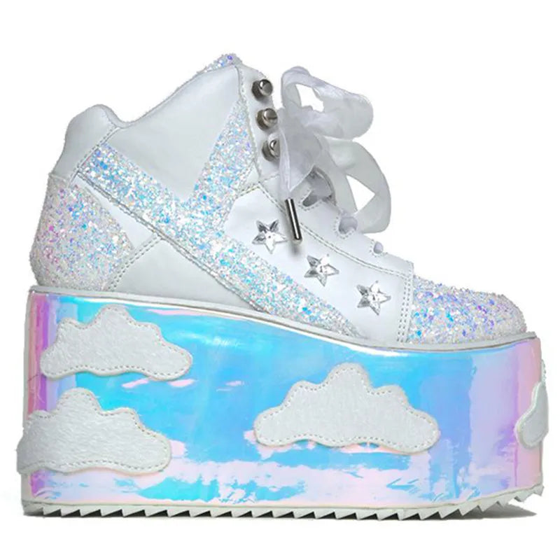 Colorful clouds Platform Shoes For Woman Punk Style Lace-up High Heel Wedges Shoes Sweet Women Ankle Boots For Mujer Shoes 2025