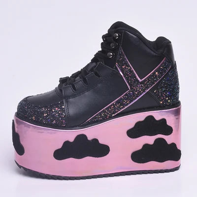 Colorful clouds Platform Shoes For Woman Punk Style Lace-up High Heel Wedges Shoes Sweet Women Ankle Boots For Mujer Shoes 2025
