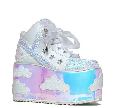 Colorful clouds Platform Shoes For Woman Punk Style Lace-up High Heel Wedges Shoes Sweet Women Ankle Boots For Mujer Shoes 2025