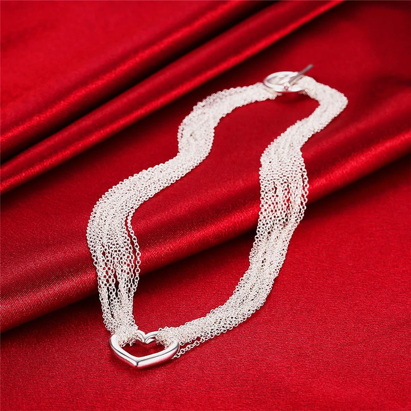 DOTEFFIL 925 Sterling Silver Necklaces for Women Multi Lines Heart Pendant Necklace Collier Female Fashion Jewelry Factory Price