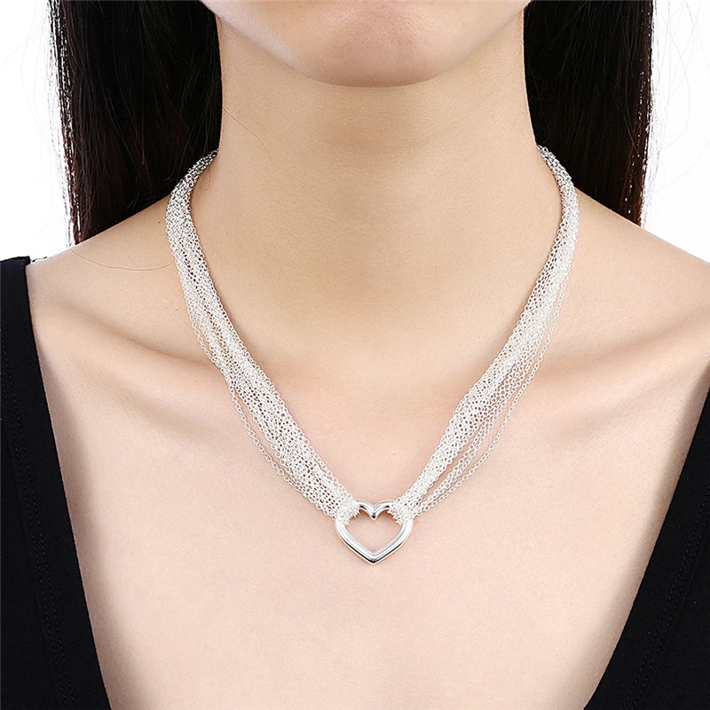 DOTEFFIL 925 Sterling Silver Necklaces for Women Multi Lines Heart Pendant Necklace Collier Female Fashion Jewelry Factory Price