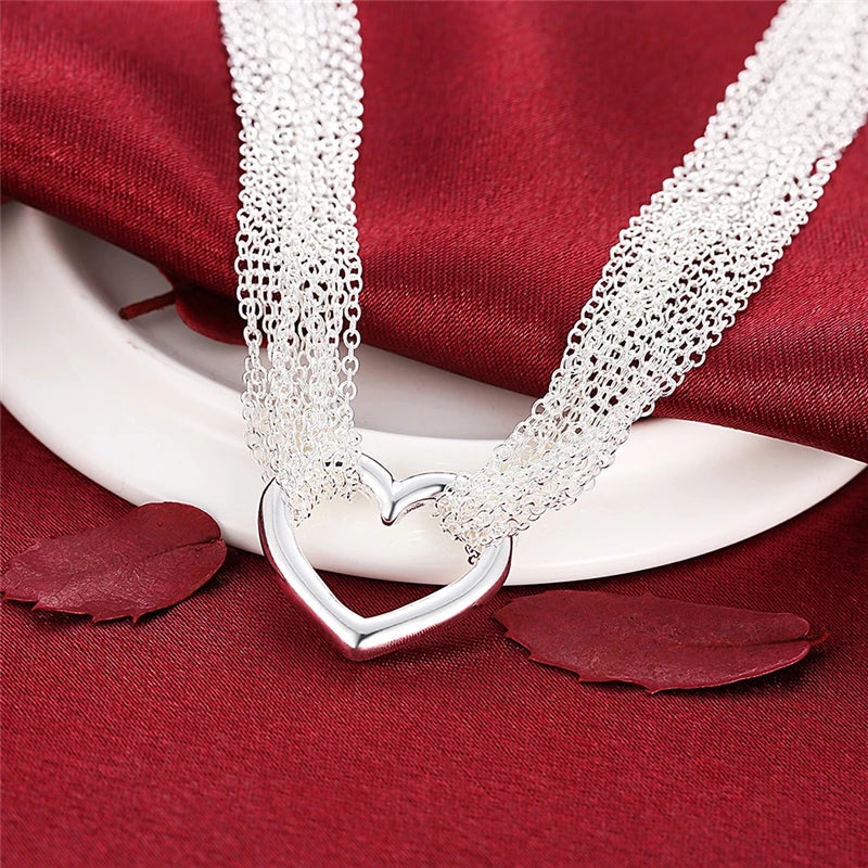 DOTEFFIL 925 Sterling Silver Necklaces for Women Multi Lines Heart Pendant Necklace Collier Female Fashion Jewelry Factory Price
