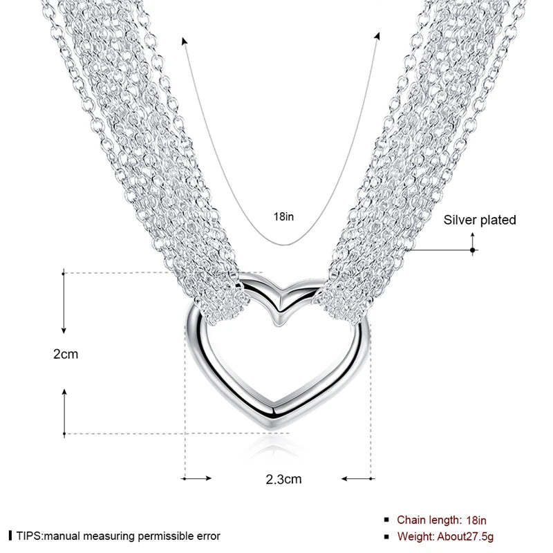 DOTEFFIL 925 Sterling Silver Necklaces for Women Multi Lines Heart Pendant Necklace Collier Female Fashion Jewelry Factory Price