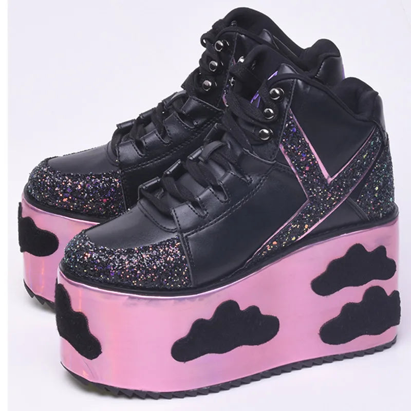 Colorful clouds Platform Shoes For Woman Punk Style Lace-up High Heel Wedges Shoes Sweet Women Ankle Boots For Mujer Shoes 2025