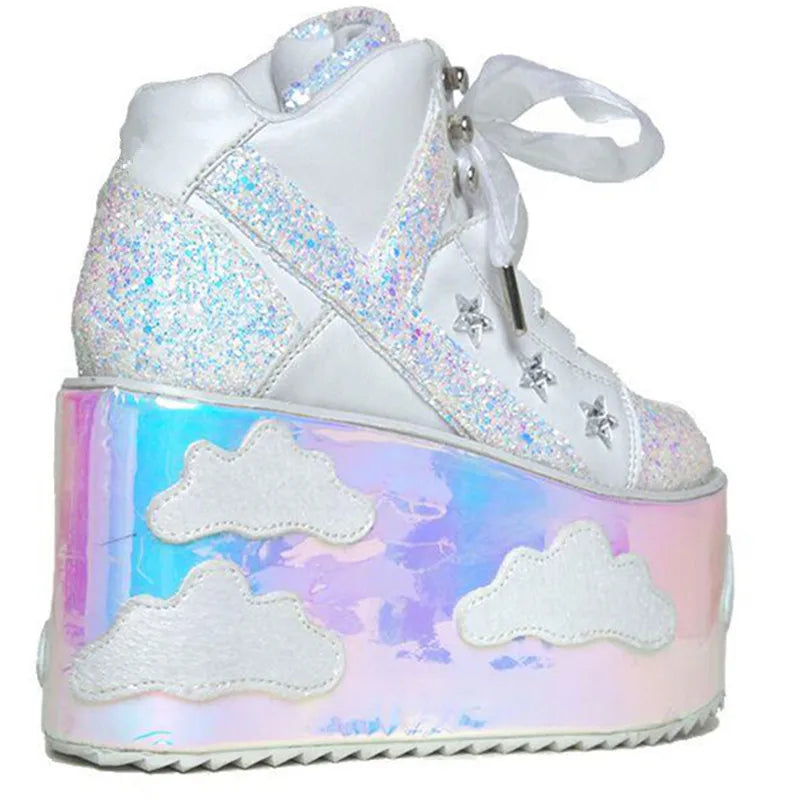 Colorful clouds Platform Shoes For Woman Punk Style Lace-up High Heel Wedges Shoes Sweet Women Ankle Boots For Mujer Shoes 2025