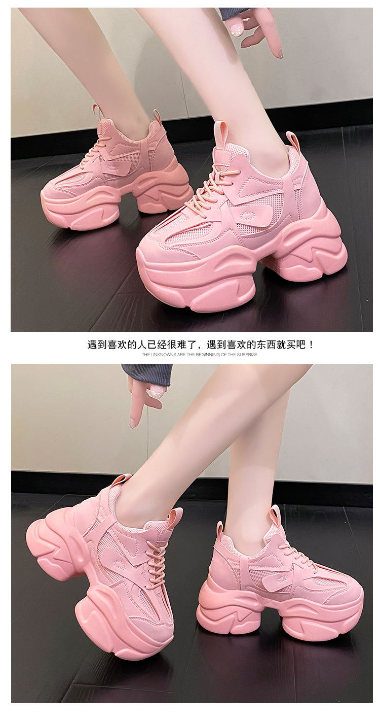 Pink Shoes Women's Small Tall 2025 Spring Dad Shoes Women's Summer Breathable Thick Sole Hidden Heel White Shoes