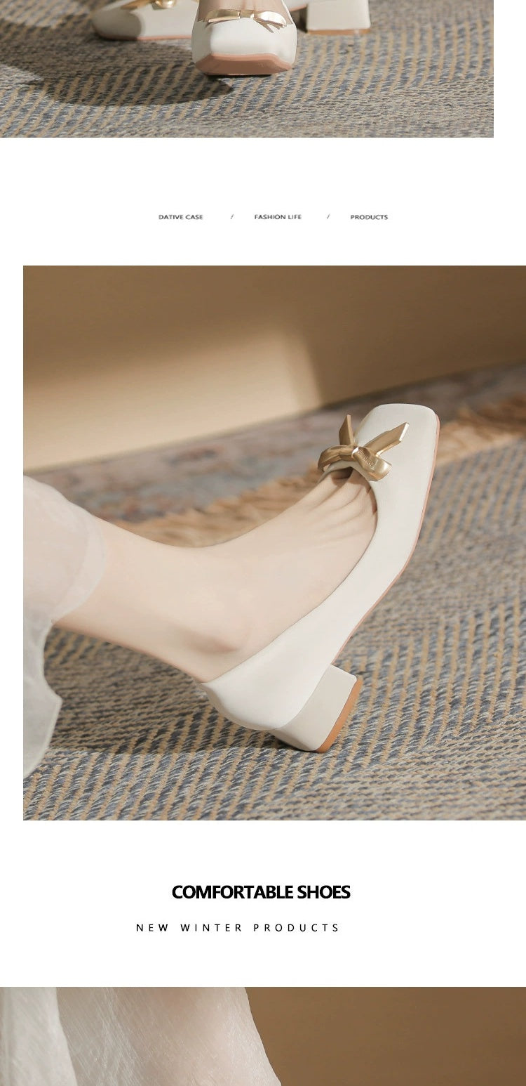 2024 Spring New Arrival Square Toe Chunky Heel Graceful Bow High Heels Joker Women Casual Shoes Mid Heel Comfortable Shoes