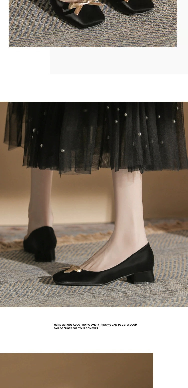 2024 Spring New Arrival Square Toe Chunky Heel Graceful Bow High Heels Joker Women Casual Shoes Mid Heel Comfortable Shoes