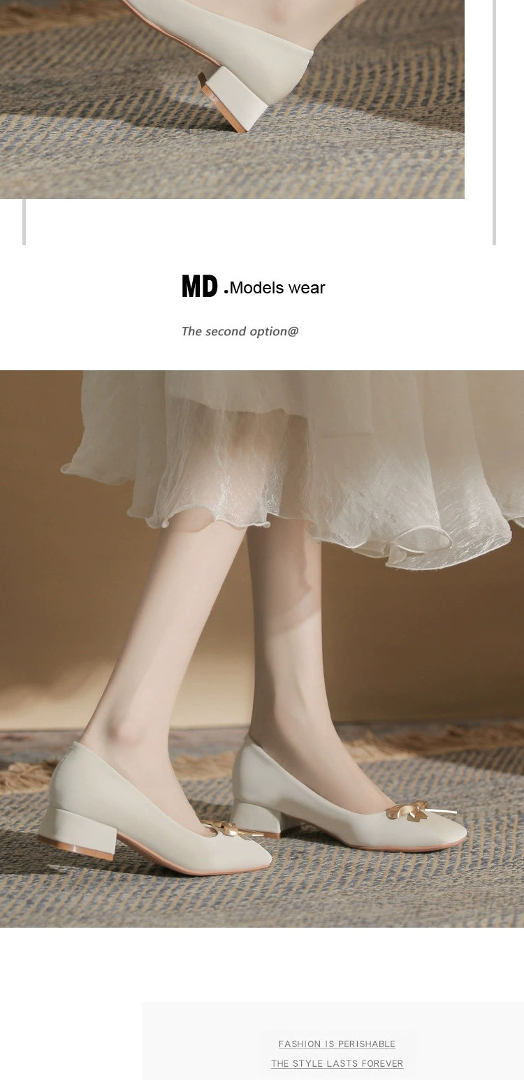 2024 Spring New Arrival Square Toe Chunky Heel Graceful Bow High Heels Joker Women Casual Shoes Mid Heel Comfortable Shoes