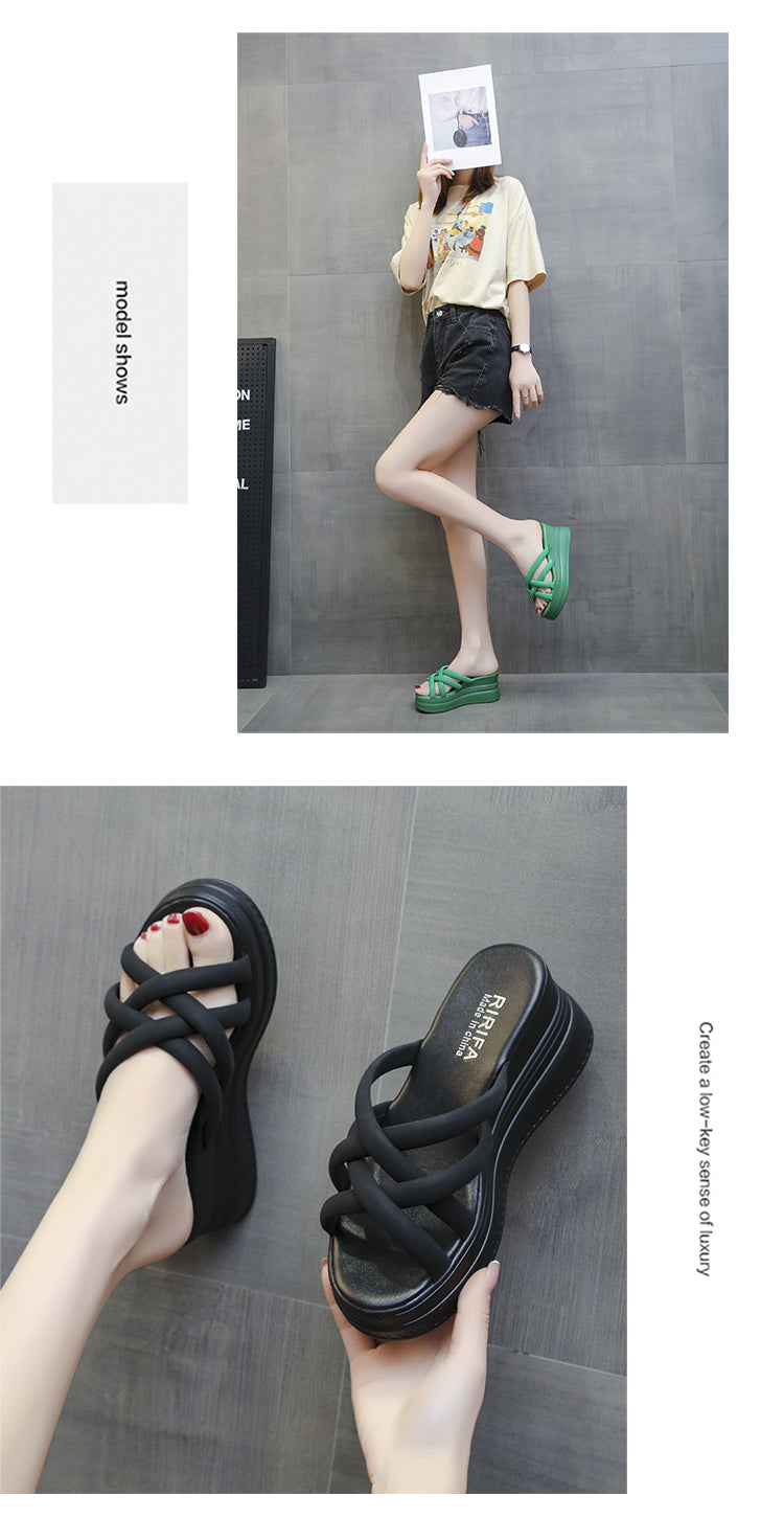 Summer Korean Style Cross Belt Fashion High Heel Platform Slippers