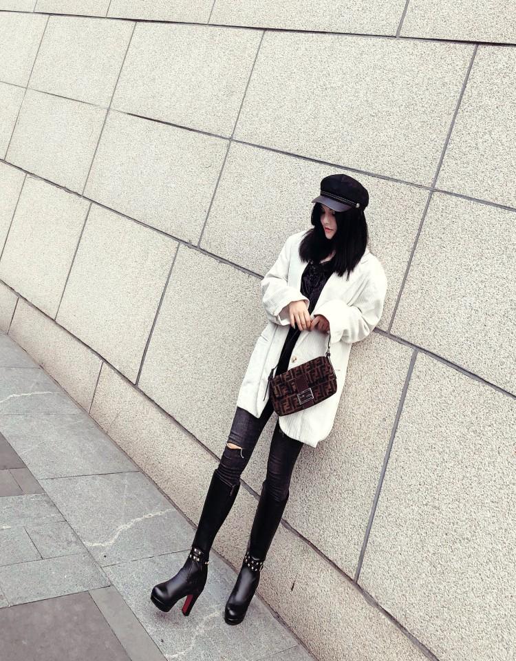 White Not over the Knee Boots Women's Boots Chunky Heel High Heels 2023 Autumn and Winter New Slim Looking Knee-High Boots