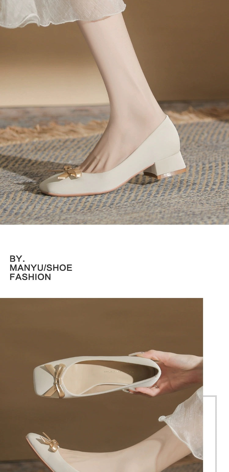 2024 Spring New Arrival Square Toe Chunky Heel Graceful Bow High Heels Joker Women Casual Shoes Mid Heel Comfortable Shoes