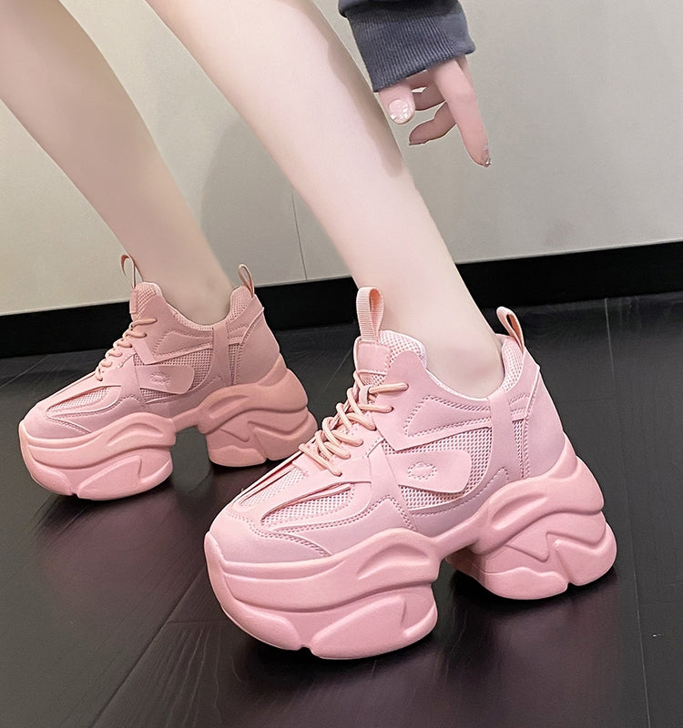 Pink Shoes Women's Small Tall 2025 Spring Dad Shoes Women's Summer Breathable Thick Sole Hidden Heel White Shoes
