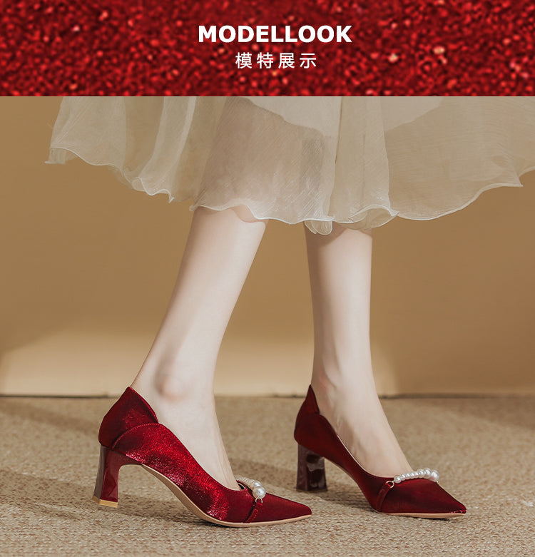 Wedding Shoes Hexiu Wedding Dress Two-Way Chunky Heel 2023 New Arrival Fancy Red Bridal High Heels Wedding Not Tired Feet