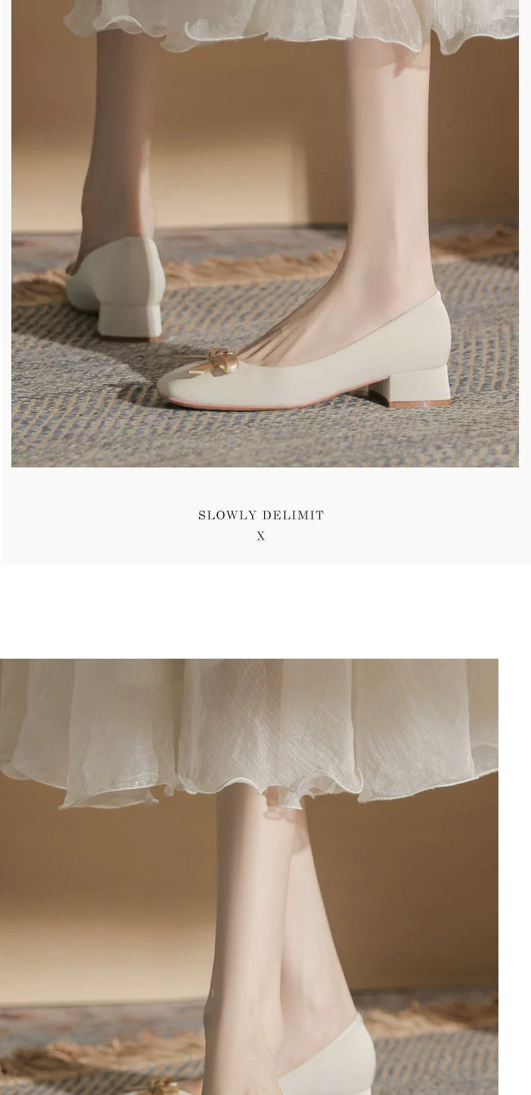 2024 Spring New Arrival Square Toe Chunky Heel Graceful Bow High Heels Joker Women Casual Shoes Mid Heel Comfortable Shoes