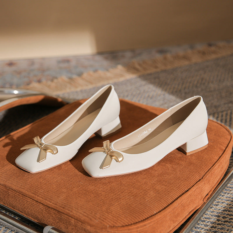 2024 Spring New Arrival Square Toe Chunky Heel Graceful Bow High Heels Joker Women Casual Shoes Mid Heel Comfortable Shoes