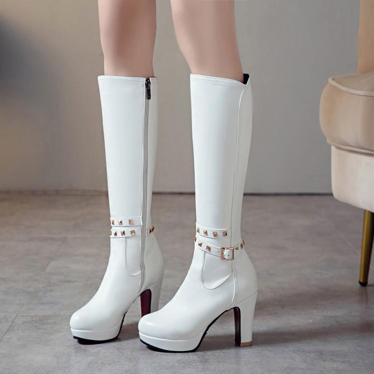 White Not over the Knee Boots Women's Boots Chunky Heel High Heels 2023 Autumn and Winter New Slim Looking Knee-High Boots