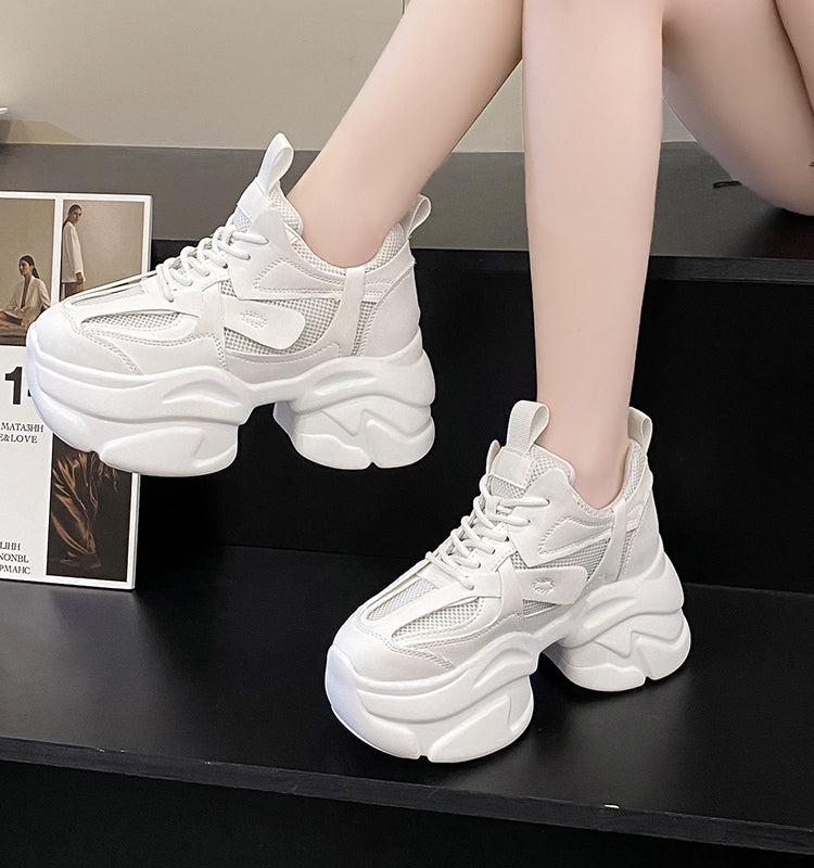 Pink Shoes Women's Small Tall 2025 Spring Dad Shoes Women's Summer Breathable Thick Sole Hidden Heel White Shoes