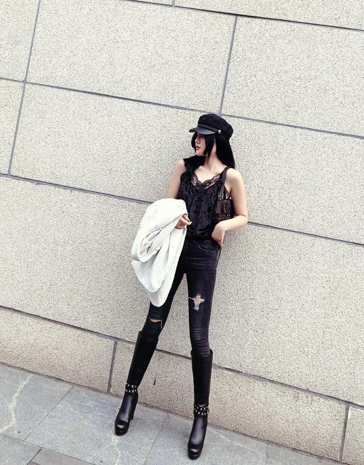 White Not over the Knee Boots Women's Boots Chunky Heel High Heels 2023 Autumn and Winter New Slim Looking Knee-High Boots