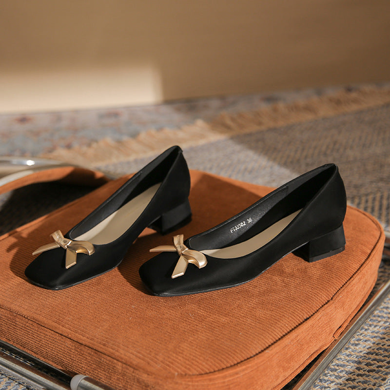 2024 Spring New Arrival Square Toe Chunky Heel Graceful Bow High Heels Joker Women Casual Shoes Mid Heel Comfortable Shoes
