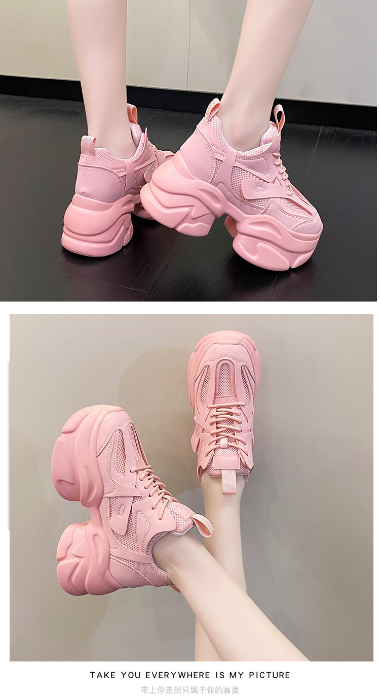 Pink Shoes Women's Small Tall 2025 Spring Dad Shoes Women's Summer Breathable Thick Sole Hidden Heel White Shoes