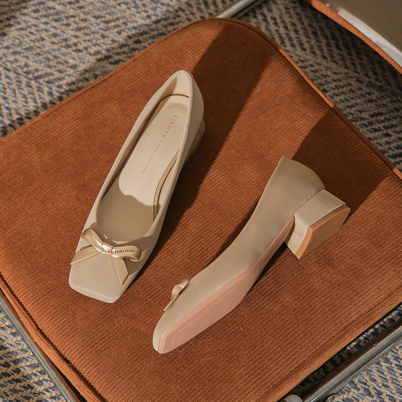 2024 Spring New Arrival Square Toe Chunky Heel Graceful Bow High Heels Joker Women Casual Shoes Mid Heel Comfortable Shoes