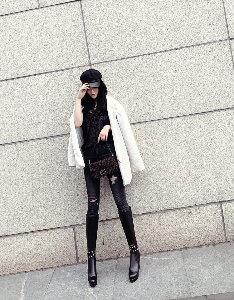 White Not over the Knee Boots Women's Boots Chunky Heel High Heels 2023 Autumn and Winter New Slim Looking Knee-High Boots