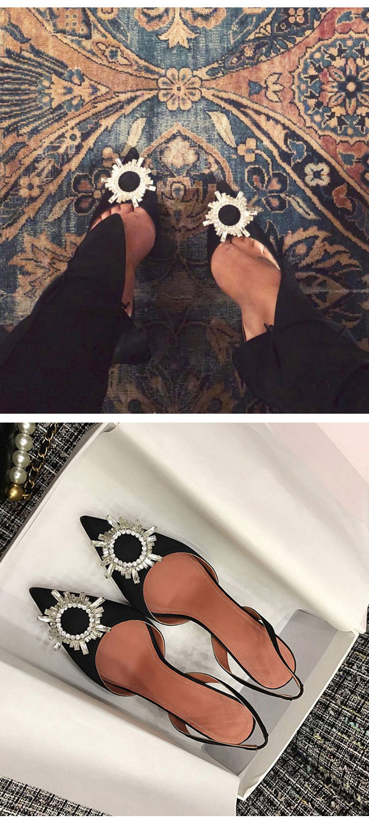 Internet Celebrity French Style Closed Toe Spring and Summer Ins Trendy Rhinestone Stiletto Heel