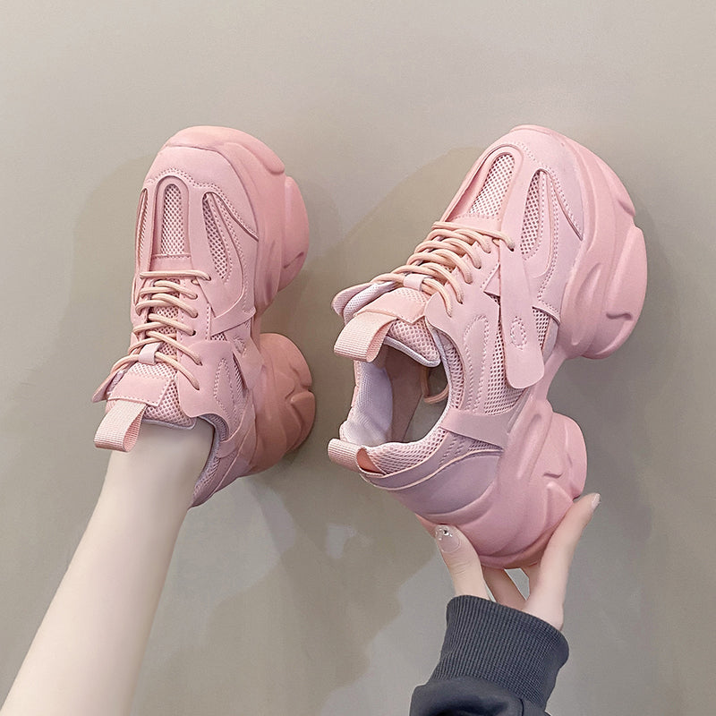 Pink Shoes Women's Small Tall 2025 Spring Dad Shoes Women's Summer Breathable Thick Sole Hidden Heel White Shoes