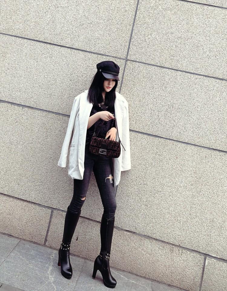 White Not over the Knee Boots Women's Boots Chunky Heel High Heels 2023 Autumn and Winter New Slim Looking Knee-High Boots