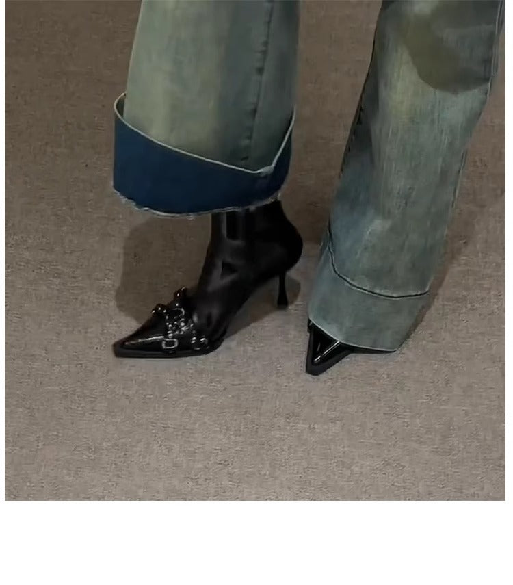Goatskin French Stiletto Heel Fancy Rivet Korean Ankle Boots