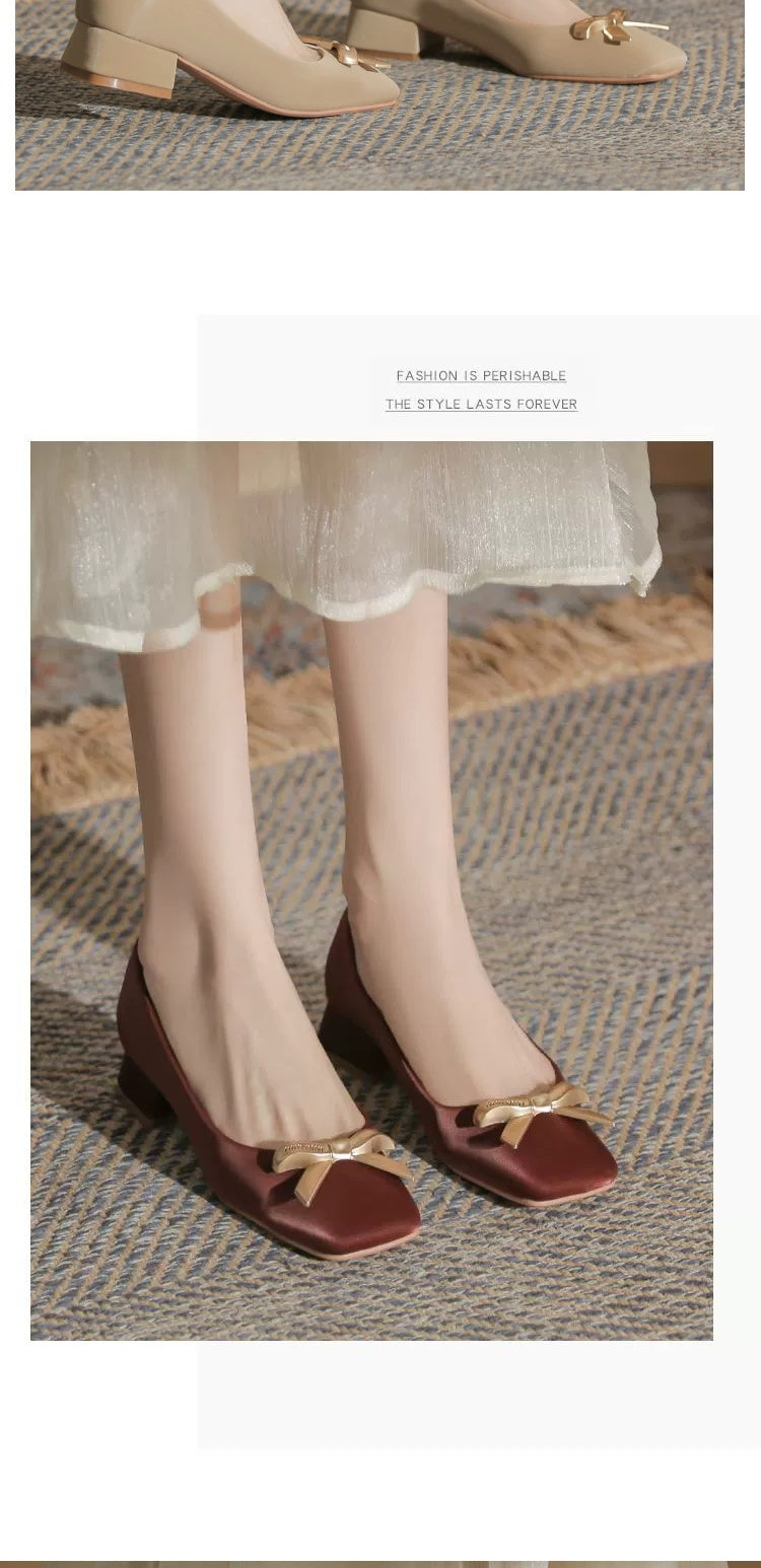 2024 Spring New Arrival Square Toe Chunky Heel Graceful Bow High Heels Joker Women Casual Shoes Mid Heel Comfortable Shoes