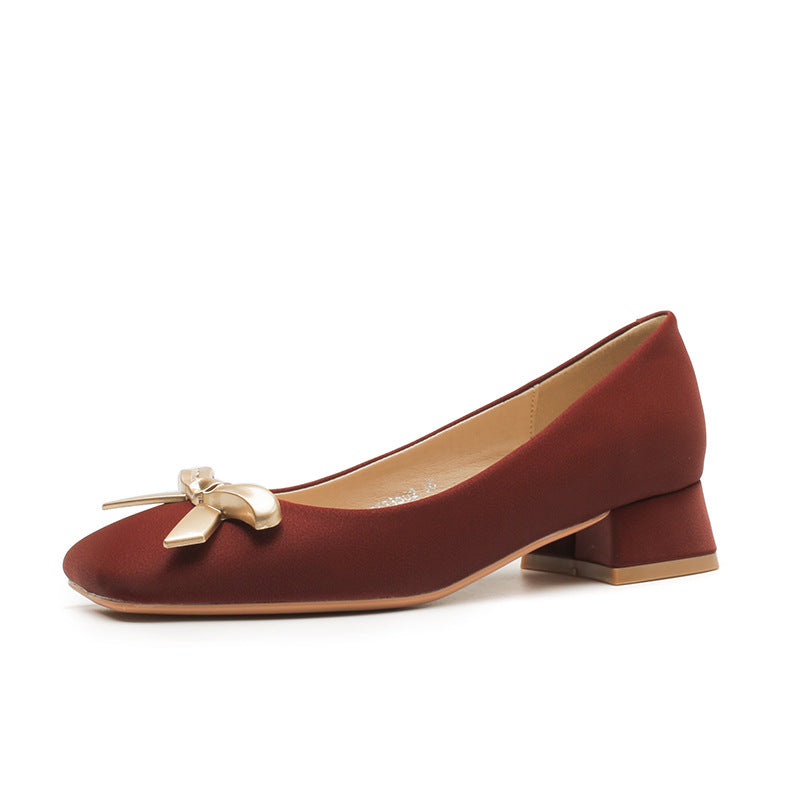 2024 Spring New Arrival Square Toe Chunky Heel Graceful Bow High Heels Joker Women Casual Shoes Mid Heel Comfortable Shoes