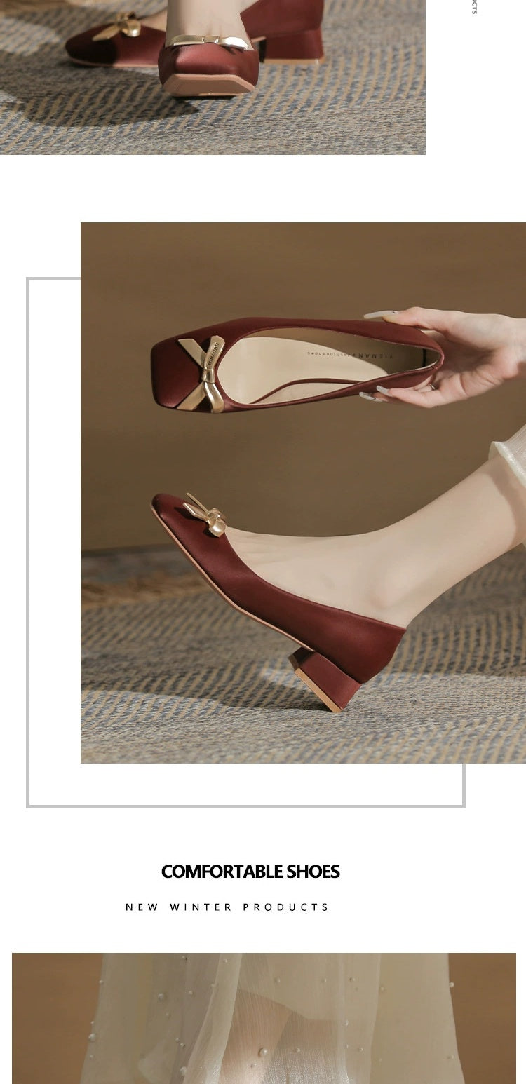 2024 Spring New Arrival Square Toe Chunky Heel Graceful Bow High Heels Joker Women Casual Shoes Mid Heel Comfortable Shoes